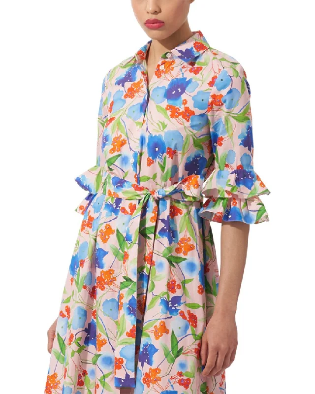 Carolina Herrera Elbow Ruffle Sleeve Shirtdress Silk Shirt Dress