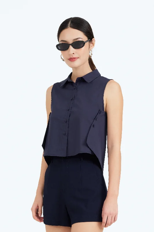 Jayce Collared Sleeveless Shirt Top in Dark Blue Layered Shirt Dress