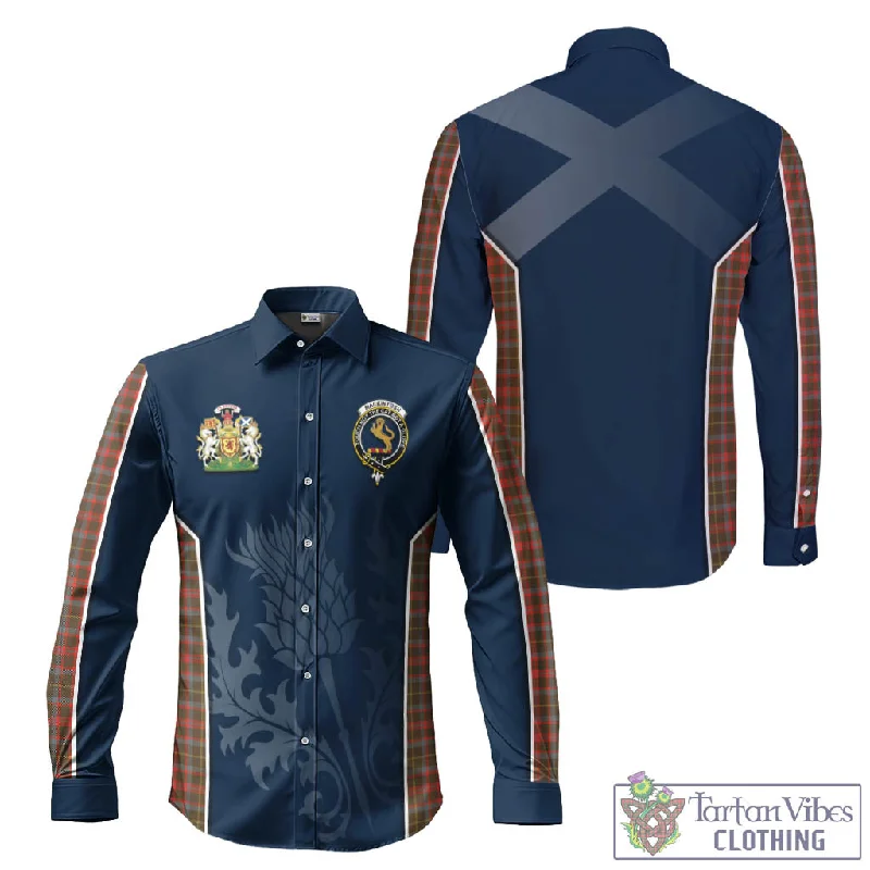 MacKintosh Hunting Weathered Tartan Long Sleeve Button Up Shirt with Family Crest and Scottish Thistle Vibes Sport Style MacKintosh Hunting Weathered Tartan Long Sleeve Button Up Shirt with Family Crest and Scottish Thistle Vibes Sport Style