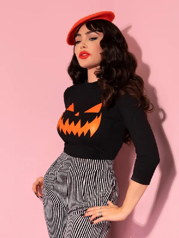 FINAL SALE - Pumpkin King 3/4 Sleeve Top in Black and Orange - Vixen by Micheline Pitt