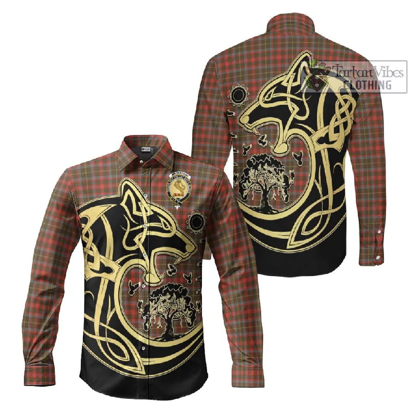 MacKintosh Hunting Weathered Tartan Long Sleeve Button Shirt with Family Crest Celtic Wolf Style MacKintosh Hunting Weathered Tartan Long Sleeve Button Shirt with Family Crest Celtic Wolf Style