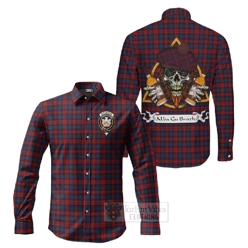 MacLachlan (McLachlan) Tartan Long Sleeve Button Shirt with Family Crest and Bearded Skull Holding Bottles of Whiskey MacLachlan (McLachlan) Tartan Long Sleeve Button Shirt with Family Crest and Bearded Skull Holding Bottles of Whiskey