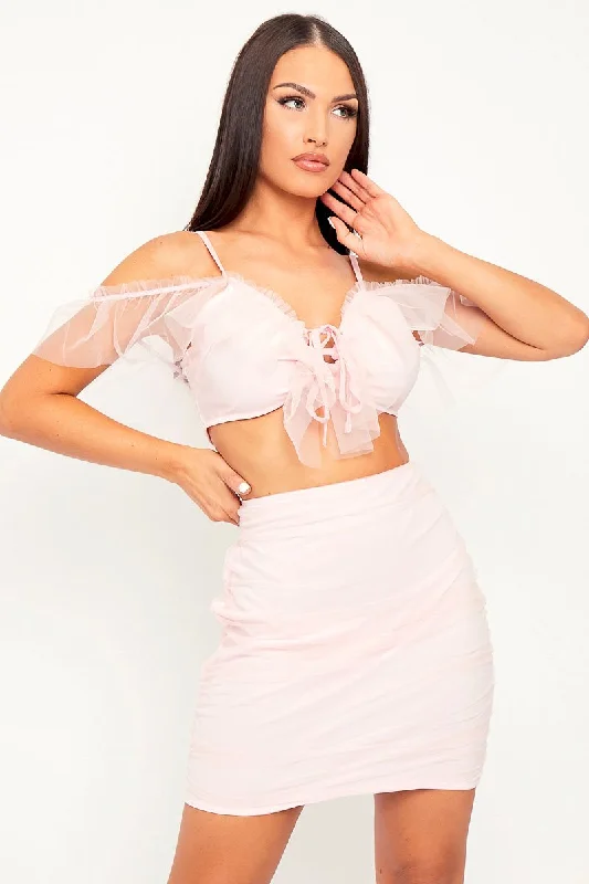 Pink Mesh Frill Crop Top + Skirt Co-ord - Pansy