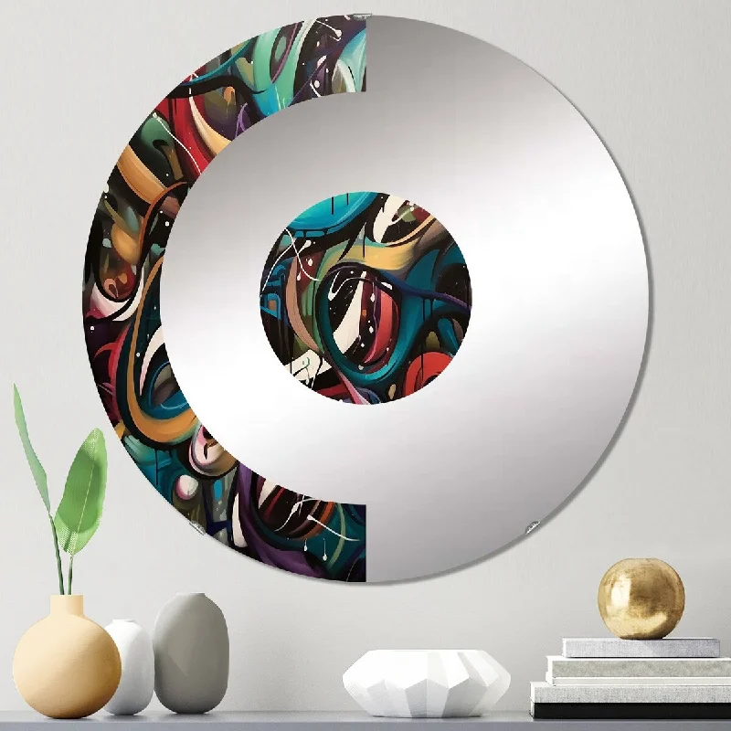 Designart "Blue Red Graffiti Blend" - Modern Abstract Popart Half Circle Wall Mirror