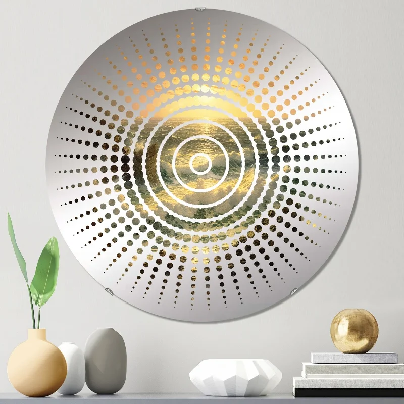 Designart "Wild Ocean With Breaking Waves Golden Hour" - Coastal Coastal Waves Sun Circles Wall Mirror