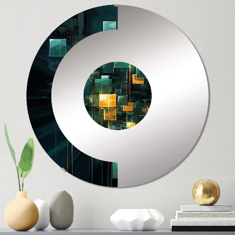Designart "Illumination of Desire Cubist Turquoise Gold" - Modern Abstract Painting Half Circle Wall Mirror Designart "Illumination of Desire Cubist Turquoise Gold" - Modern Abstract Painting Half Circle Wall Mirror