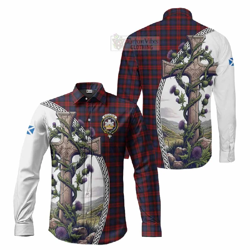 MacLachlan (McLachlan) Tartan Long Sleeve Button Shirt with Family Crest and St. Andrew's Cross Accented by Thistle Vines MacLachlan (McLachlan) Tartan Long Sleeve Button Shirt with Family Crest and St. Andrew's Cross Accented by Thistle Vines