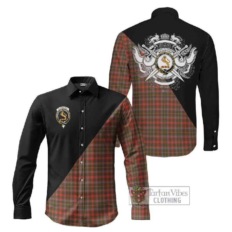 MacKintosh Hunting Weathered Tartan Long Sleeve Button Shirt with Family Crest and Military Logo Style MacKintosh Hunting Weathered Tartan Long Sleeve Button Shirt with Family Crest and Military Logo Style