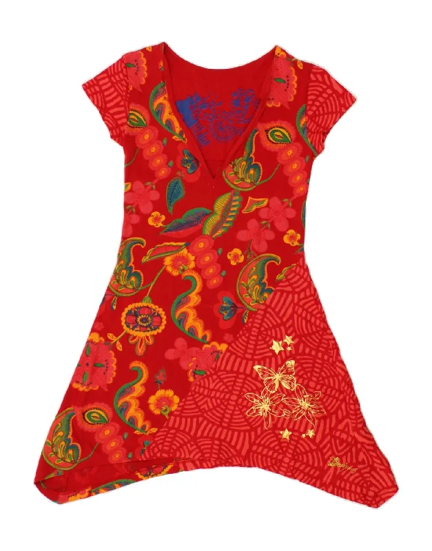 DESIGUAL Womens Asymmetrical Dress UK 8 Small Red Floral Cotton