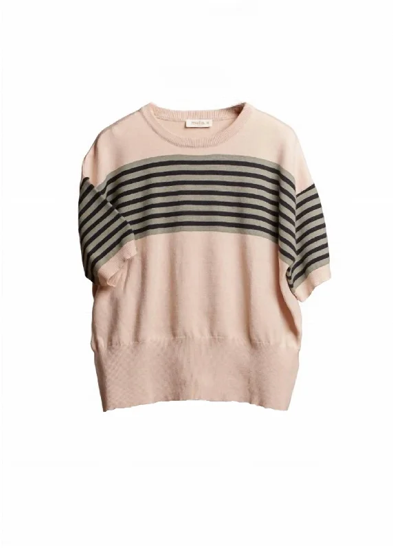 Women's Round Neck Multi Stripe Knit Top In Beige/green/black Layering sweaters
