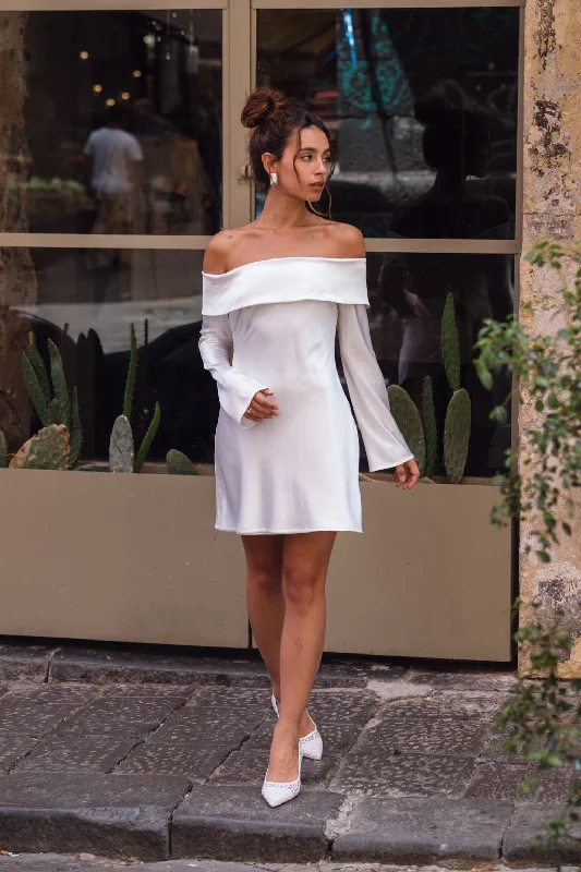Celia White Off Shoulder Satin Mini Dress Clubbing mini dresses