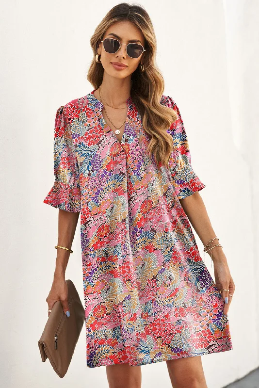 Floral Notched Neck Flounce Sleeve Shift Dress Party mini dresses