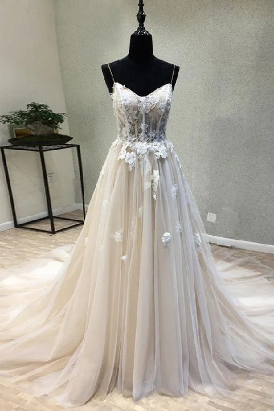 Simple A-line Spaghetti Strap Wedding Dress With Appliques N1639 Sleeveless Bridal Gown