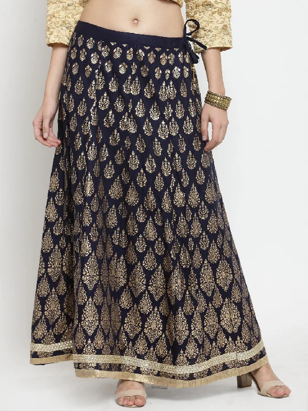 Wahe-NOOR Women's Navy Blue Printed Embellished Flared Skirt A-line unclassified skirts