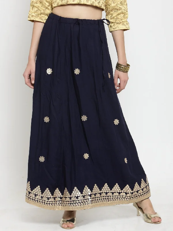 Wahe-NOOR Women's Navy Blue Gotta Patti Rayon Skirt Slit unclassified skirts