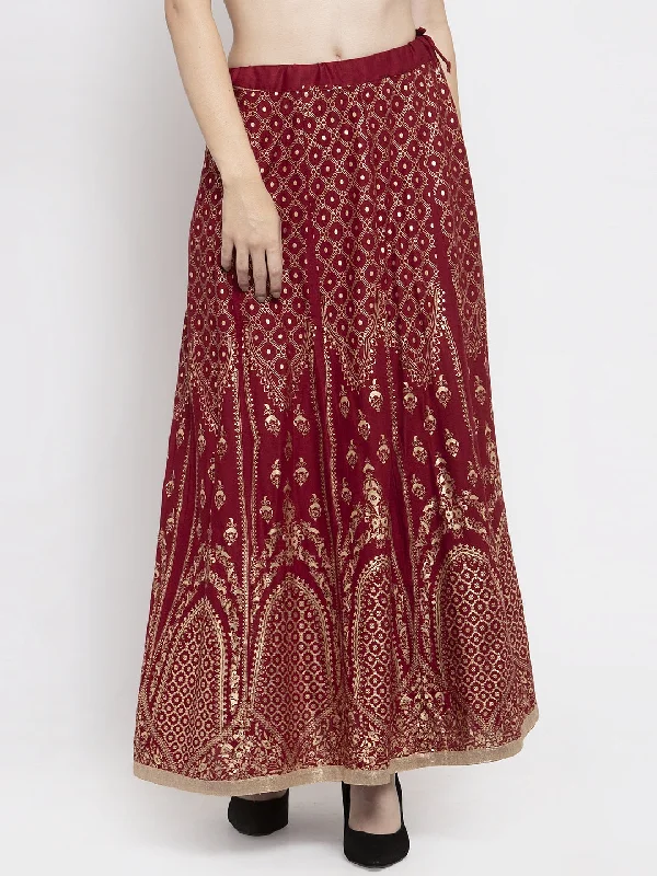 Wahe-NOOR Women's Maroon Printed Flared Rayon Skirt Spring unclassified skirts