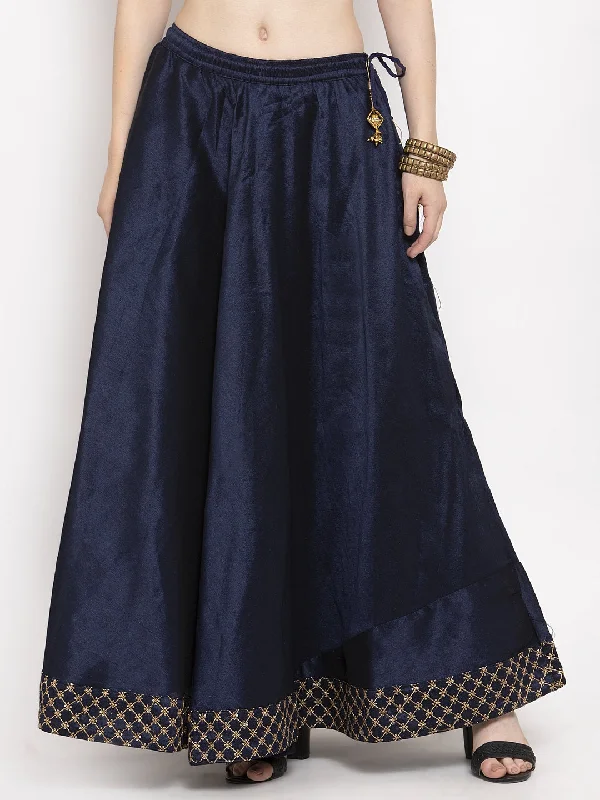 Wahe-NOOR Women's Navy Blue Flared Embellished Skirt Bold pattern unclassified skirts