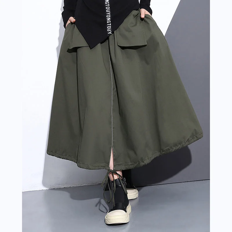 fine army green natural cotton skirt oversize A line skirts traveling boutique pockets drawstring cotton skirt Anniversary unclassified skirts