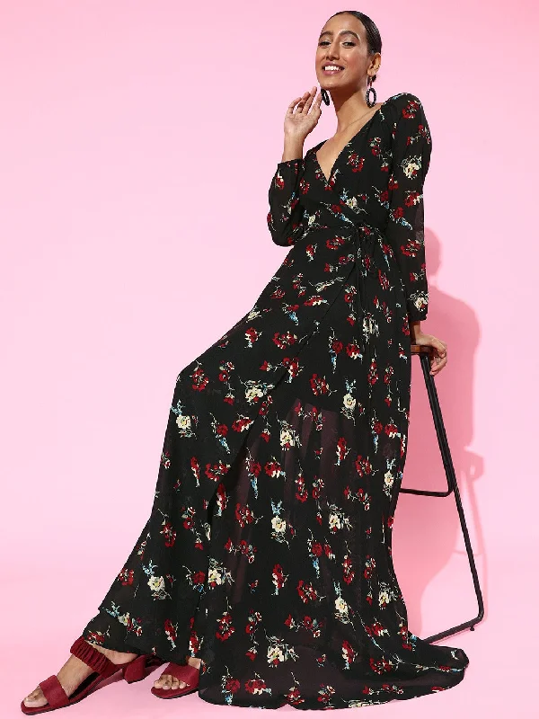 Berrylush Women Black Floral Printed V-Neck Waist Tie-Up Flared Wrap Maxi Dress Zara maxi dresses Berrylush Women Black Floral Printed V-Neck Waist Tie-Up Flared Wrap Maxi Dress Zara maxi dresses