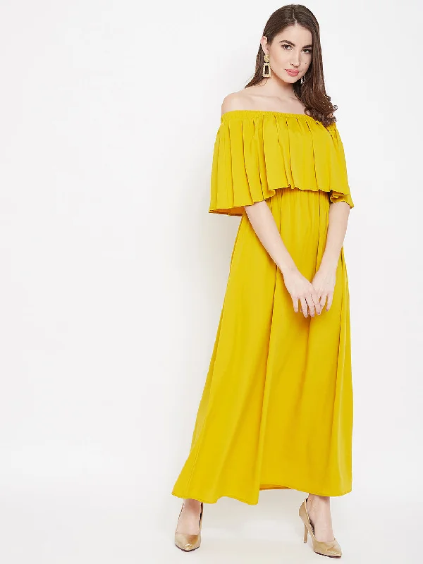 Berrylush Women Solid Yellow Off-Shoulder Neck Three-Quarter Sleeve Flared Maxi Dress A-line maxi dresses Berrylush Women Solid Yellow Off-Shoulder Neck Three-Quarter Sleeve Flared Maxi Dress A-line maxi dresses