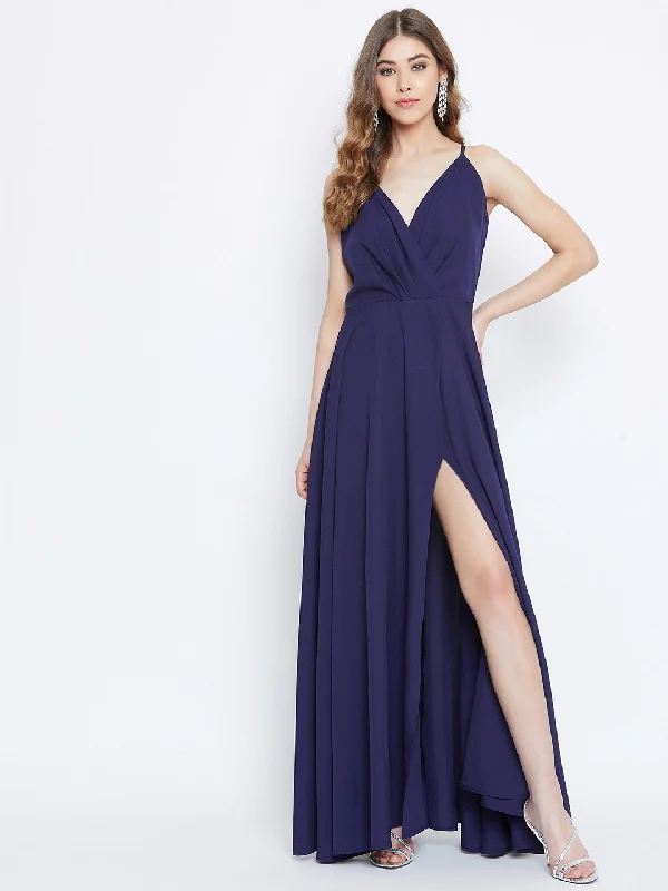 Berrylush Women Solid Navy Blue V-Neck Thigh-High Slit Fit & Flare Maxi Dress Flattering maxi dresses for all body types Berrylush Women Solid Navy Blue V-Neck Thigh-High Slit Fit & Flare Maxi Dress Flattering maxi dresses for all body types