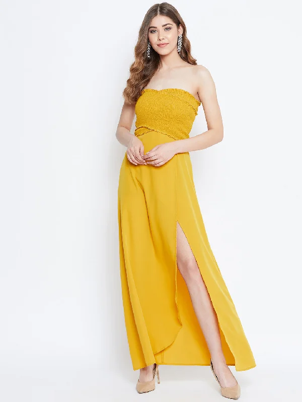 Berrylush Women Solid Mustard Yellow Strapless-Neck Smocked Fit & Flare Maxi Dress Discounted maxi dresses Berrylush Women Solid Mustard Yellow Strapless-Neck Smocked Fit & Flare Maxi Dress Discounted maxi dresses