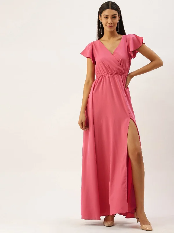 Berrylush Women Solid Pink V-Neckline Maxi Dress Best maxi dresses for date night
