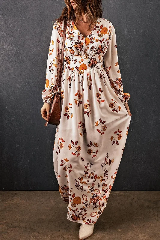 Floral V-Neck Long Sleeve Maxi Dress Silk maxi dresses