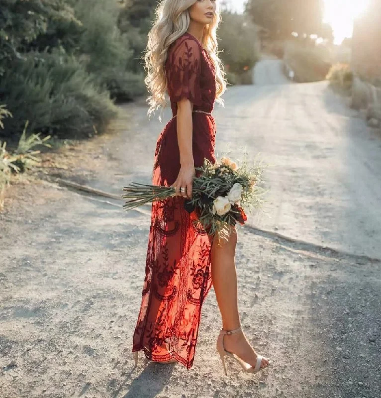 Amy Fashion - Solid Short Sleeve Beach Sexy Loose Bohemian Maxi Dress Halter maxi dresses