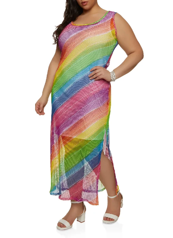 Plus Size Fishnet Rainbow Striped Tank Maxi Dress Luxury maxi dresses