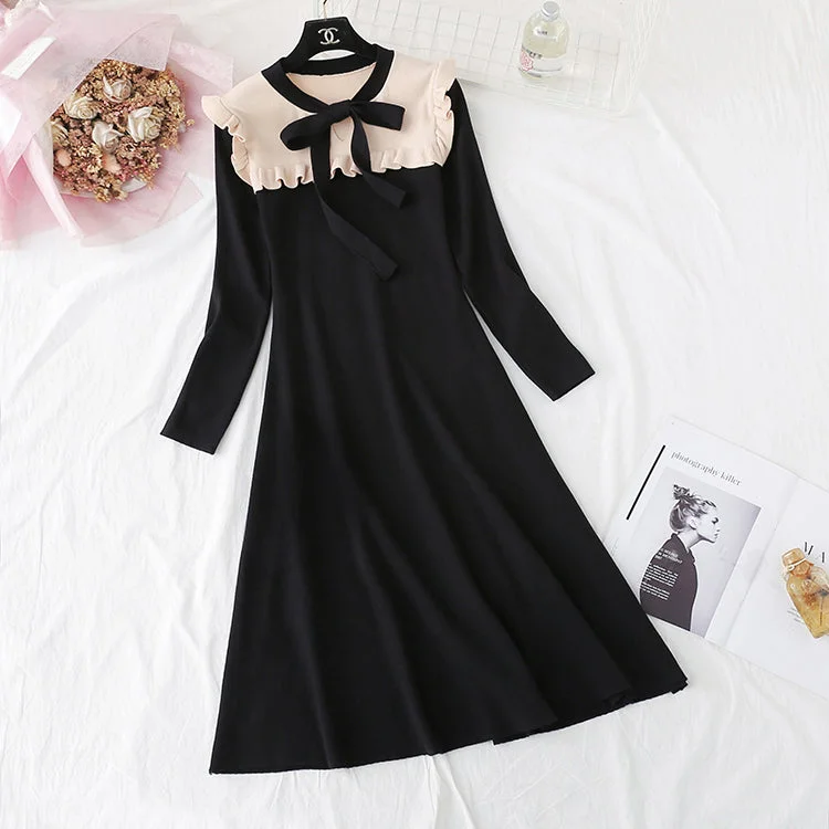 New fashion French retro long sleeve bottomed wool dress  2393 Y2K maxi dresses