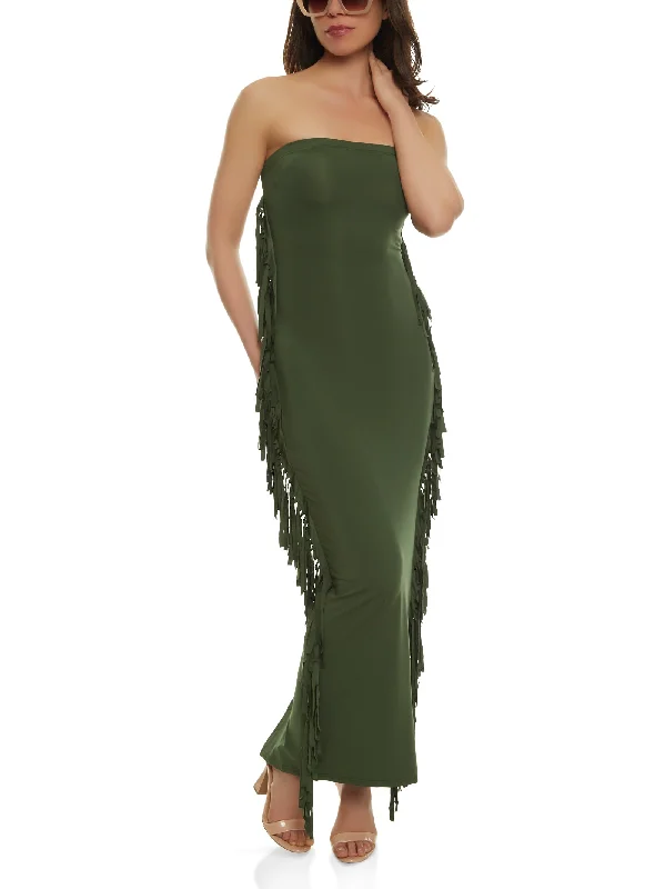 Daisy Fringe Side Maxi Tube Dress Denim maxi dresses