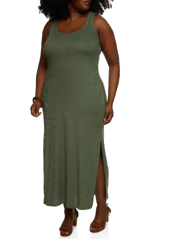 Plus Size Ribbed Knit Side Slit Maxi Tank Dress Budget-friendly maxi dresses