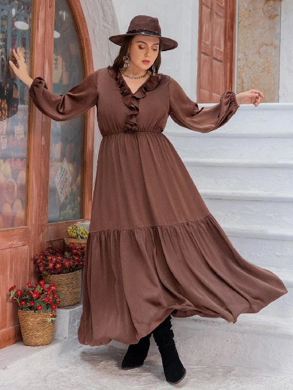 Plus Size V-Neck Ruffle Trim Maxi Dress Edgy maxi dresses
