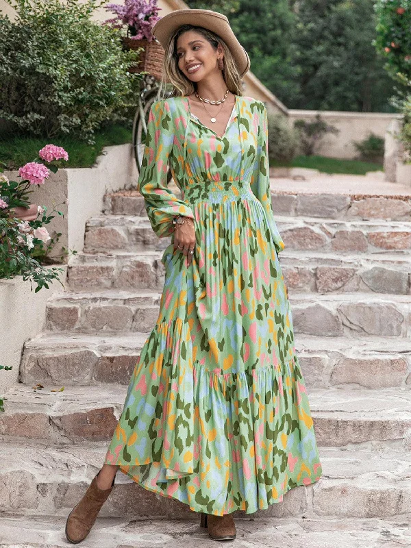 Printed Tie Neck Long Sleeve Maxi Dress Preppy maxi dresses