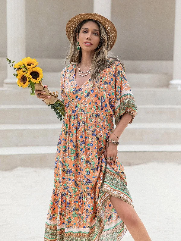 Printed V-Neck Short Sleeve Maxi Dress Festival maxi dresses