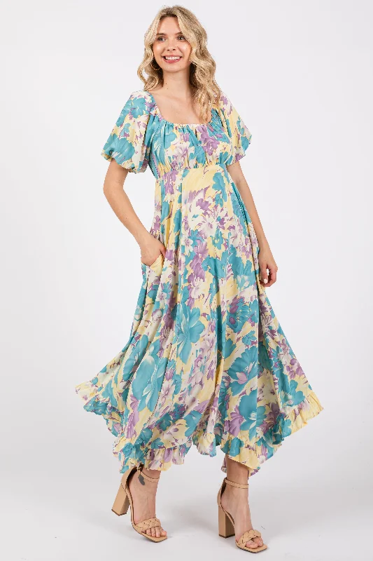 Teal Floral Puff Sleeve Handkerchief Hem Maxi Dress Best maxi dresses for summer vacation Teal Floral Puff Sleeve Handkerchief Hem Maxi Dress Best maxi dresses for summer vacation