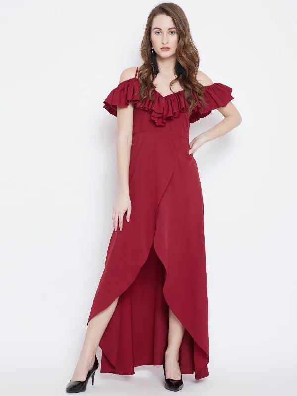 Berrylush Women Solid Red V-Neck Tulip Hem Crepe Ruffled Maxi Dress Best maxi dresses for casual wear Berrylush Women Solid Red V-Neck Tulip Hem Crepe Ruffled Maxi Dress Best maxi dresses for casual wear
