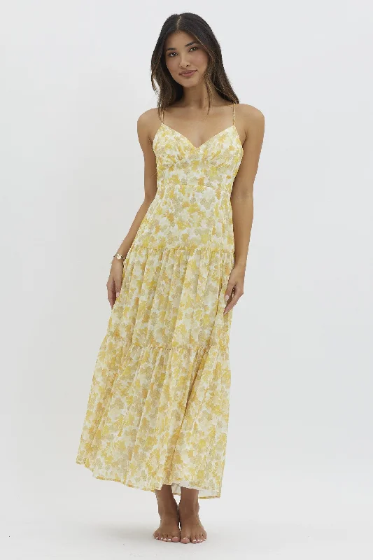 Yellow V Neckline Floral Print Maxi Dress PrettyLittleThing maxi dresses