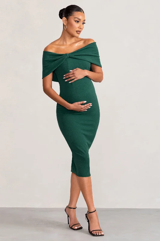 Alyssa | Bottle Green Bardot Bow Maternity Midi Dress with Ruching Cozy Midi Dress