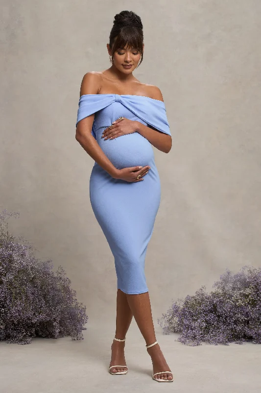 Alyssa | Powder Blue Bardot Bow Maternity Midi Dress with Ruching Chic Midi Skirt