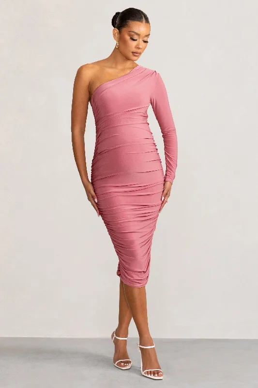 Betsy | Blush Asymmetric One Sleeve Maternity Midi Dress Pleated Midi Skirt