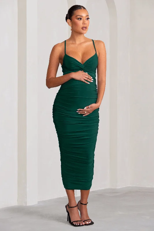 Desired | Bottle Green Maternity Cami Midi Dress with Twist Plunge Pleated Floral Midi