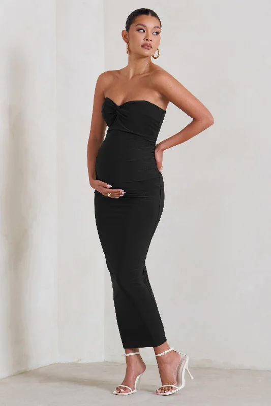 Evita | Black Maternity Sweetheart Twist Detail Midi Dress Midi Skirt Style