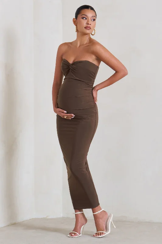 Evita | Brown Maternity Sweetheart Twist Detail Midi Dress Wrap Midi Skirt