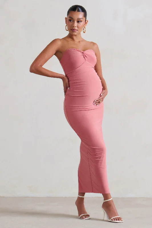 Evita | Pink Maternity Sweetheart Twist Detail Midi Dress Pleated A-line Skirt