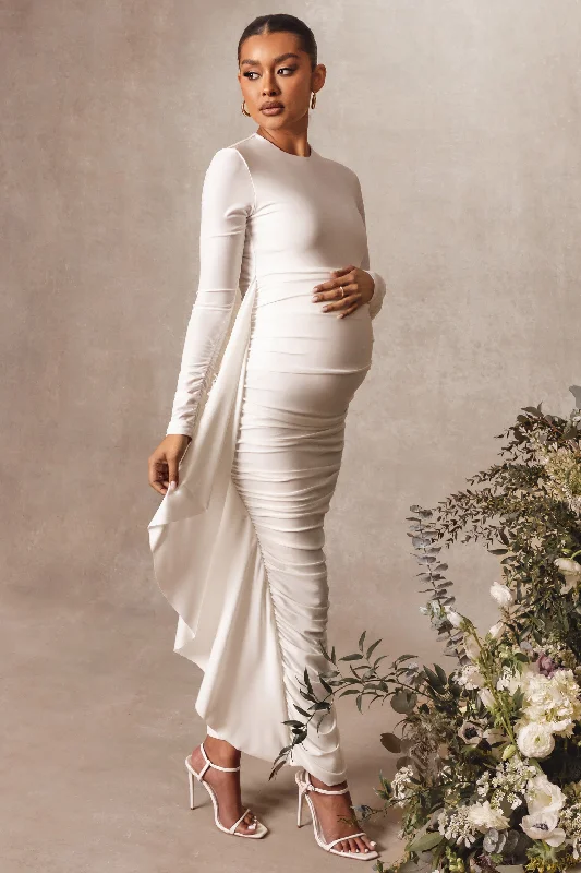Kiara | White Long Sleeve Ruched Maternity Midi Dress with Frill Detail Bright Midi Skirt