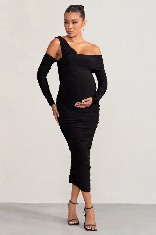 Neile | Black Asymmetric Bardot Maternity Midi Dress with Sleeves Stylish Midi Skirt
