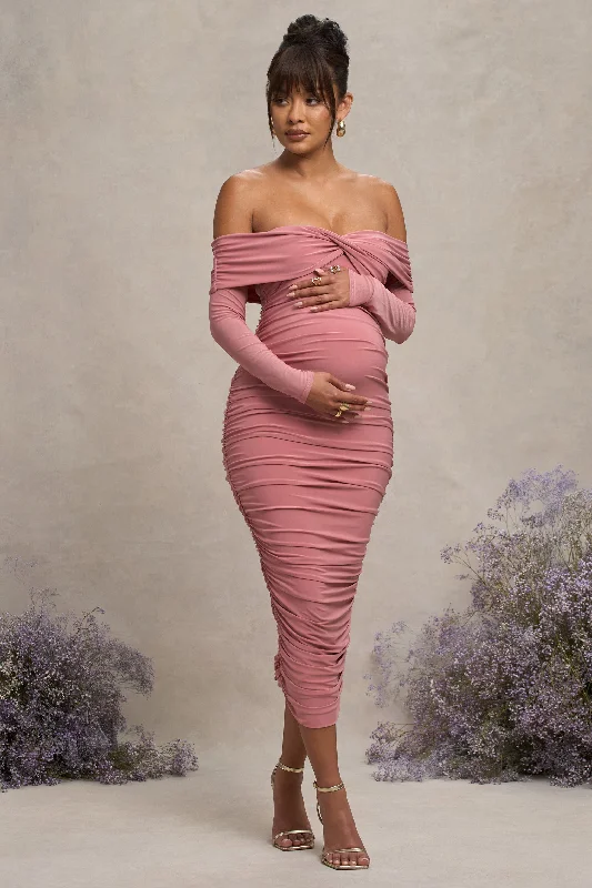 Neva | Blush Bardot Twist Maternity Midi Dress Elegant Midi Skirt