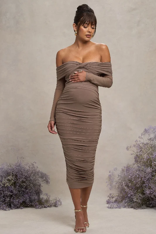 Neva | Mocha Bardot Twist Maternity Midi Dress Polka Dot Midi